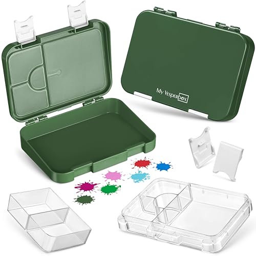 My Vesperbox – Len - Bento Box Kinder - Lunchbox mit 4+2 Fächern - extrem robust – Brotdose – Brotbox ideal für Kindergarten und Schule… (Dunkelgrün-Weiß)