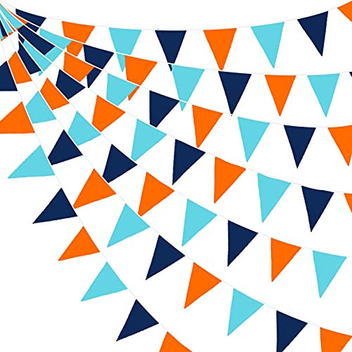 Guirlande de fanions triangulaires en tissu bleu marine et orange de 10 m pour anniversaire, mariage, fête prénatale, anniversaire, crèche, jardin, extérieur, festival, espace extérieur, galaxie
