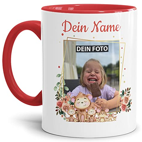 Tassendruck Kinder-Tasse mit Tiermotiv Äffchen - mit Foto & Name selbst gestalten - Für Mädchen & Jungen - Keramik Innen & Henkel Rot, 300 ml I Personalisiertes Geschenk für Kinder
