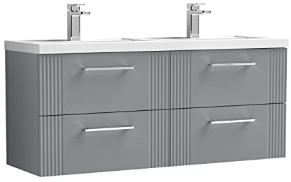 nuie DPF293C Deco Modern Bathroom Wall Hung 4 Drawer Part Fluted Vanity Basin Unit with Twin Polymarble Basin, 1200mm, Satin Grey