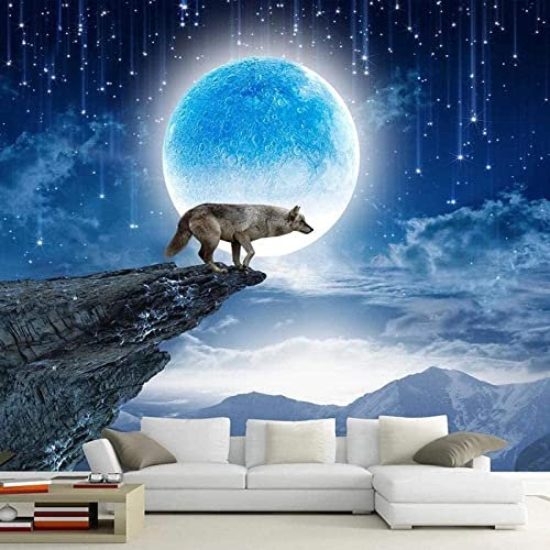 Murale Nuit Lune Animal Loup Papier Peint 3D Mural Papier Salon Chambre Mur Décoratif 3D Papier Peint Coller Salon Le Mur Pour Chambre Mural Amovible Mur Photo Auto-Adhésif Mur Art 140(L) x70(H) cm