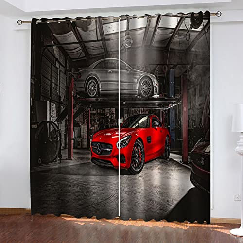 HOUKAI Vorhänge Kinderzimmer Mädchen, Wohnzimmer Vorhang, 220x210Cm 2Er Set, 3D Rotes Auto Drucken Blickdichte Vorhang Dekor, Gardinen Mit Ösen, Jungen Schlafzimmer, Verdunklungsvorhänge