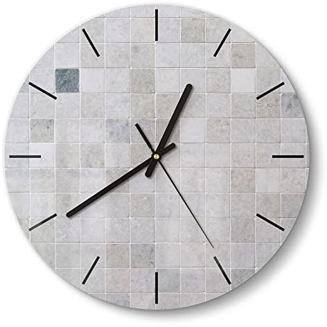 DEQORI Glasuhr | rund Ø 30 cm | Motiv Fliesenwand aus Keramik | ausgefallene leise Design Uhr aus Glas | Wanduhr für Wohnzimmer & Küche | Moderne Hingucker Uhr für die Wand