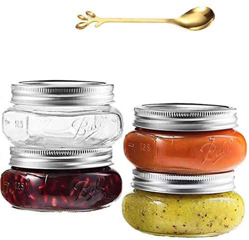 RROAD Mason Jars 8 oz – 4 Stück Einmachgläser aus Glas mit silbernen luftdichten Deckeln und Band Kleine Einmachgläser, Honigkonserven, Marmeladenkonserven, Geleekonserven, mit 1 Löffel