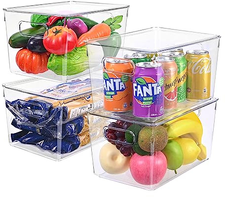 GreHom Set di 4 Organizer Frigorifero Trasparenti Salvaspazio, Perfetti Come Organizzatori per Dispensa in Plastica per Alimenti Contenitori per Frigo