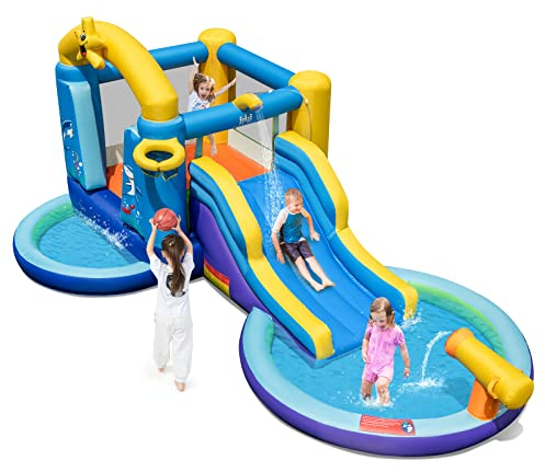GOPLUS Aufblasbare Hüpfburg, riesige Spielburg mit Rutsche, Basketballkorb und Pool, aufblasbares Spielparadies für Outdoor Garten, mit Erdspießen, Reparaturset, Tragetasche (Seesterne, Mit Gebläse)