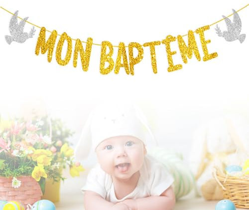 AOOTUERL Mon Baptême Bannière, Banderole Baby Shower Pailleté Papier Guirlande Bunting Banner DIY Décoration Suspendue Feston Fête pour Anniversaires Naissance Fille Garçon