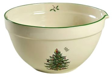 Spode Christmas Tree Mixing Bowl with Spout, 2-Quart Batter Bowl, 9-Inch Holiday Serving Dish, Dishwasher & Microwave Safe, Festive Tableware, Christmas Kitchenware, Holiday Bakeware