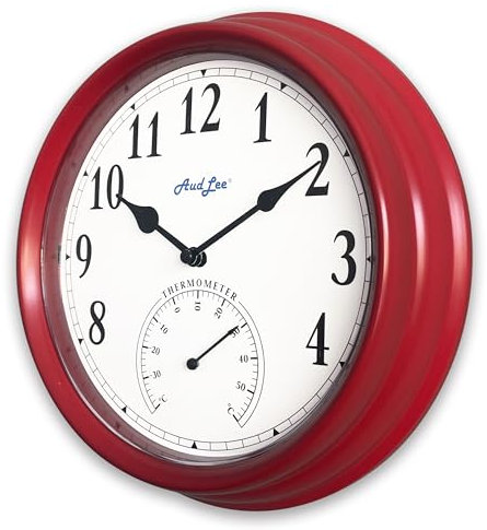 AudLee (NEW) 25cm Pololio Indoor Wall Clock with Thermometer. Battery Operated Round Clock. Decorative Clock For Home/office, Sweep Movement (Red)