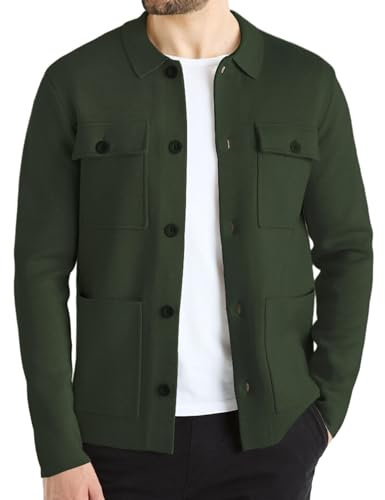 Atforna Strickjacke Herren Lässig Feinstrick Jacke Mehrere Taschen Reverskragen Button-Down Langarm Pullover Cardigan Herbst Winter 2024 Armeegrün L