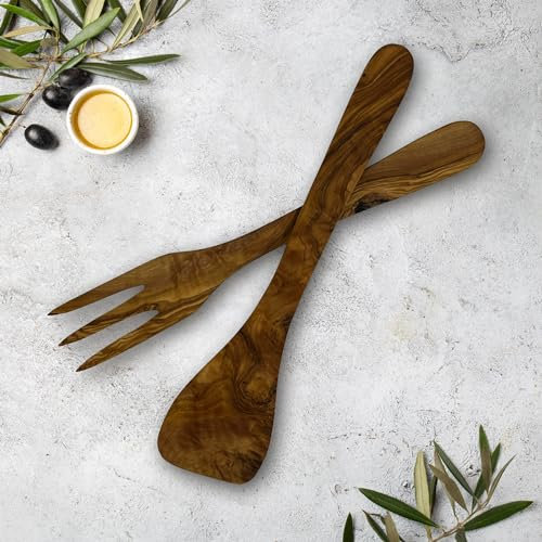 Set de utensilios de cocina, tenedor y espátula de madera de olivo, 30 cm
