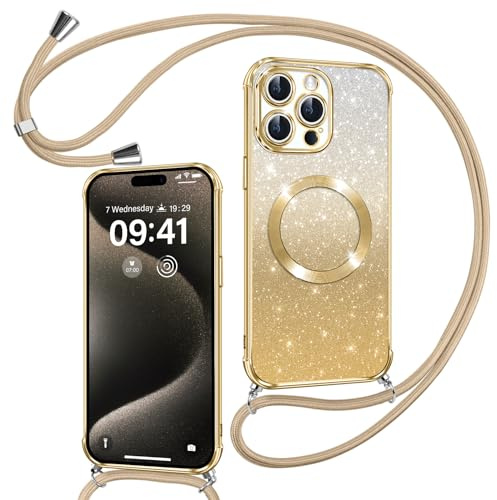Phoona Handyband Hülle für iPhone 15 Pro Max mit Band [kompatibel mit MagSafe], Luxuriöse Glitzer Beschichtung Magnetische Handyhülle für iPhone 15 Pro Max Silikon Stoßfest Schutzhülle, Gold