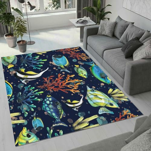 ROUSKI Ozean Teppich Wohnzimmer Schlafzimmer 3D Muster Design Korallen Fische Teppiche rutschfest Waschbarer Kurzflor Teppich Grösse 60x90 cm Flauschig Weich Soft Home Outdoor Carpet Matte