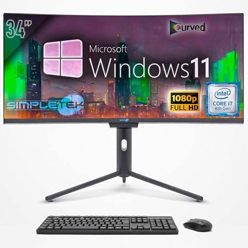SIMPLETEK - PC All in One Curved 34 Wide | Core i7 8. Generation | Windows 11 Pro | RAM 16GB | SSD 480GB | Integrierte 2K Webcam | WiFi 6 und BT 5.2