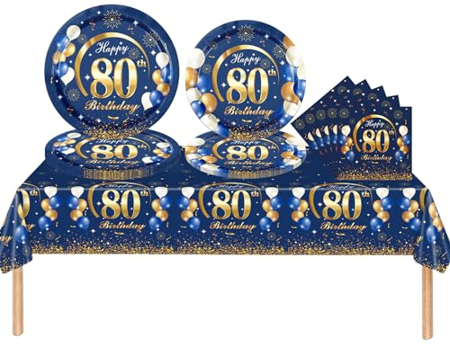 53Pcs Black Gold 80th Happy Birthday Party Tableware Decorations for Him Plastic Table Cloth,7,9inch Paper Plates,Napkins for Men Birthday Table Party Tableware Set for Men Adults Birthday Party