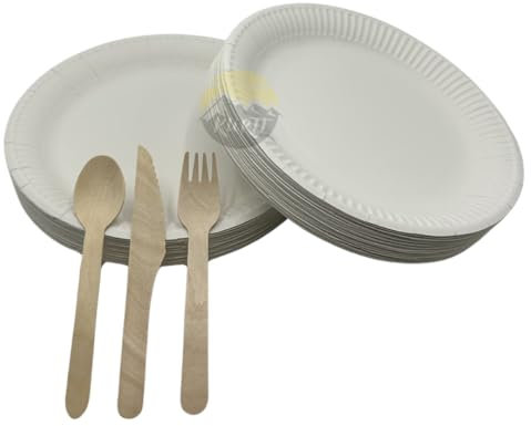 KURTT - set couverts bois 100x couteau 100x cuillère 100x fourchette + Ø 23cm assiettes carton 100x - assiettes jetables - sets de vaisselle - sets couverts - set d'assiettes - idéal pour les fêtes