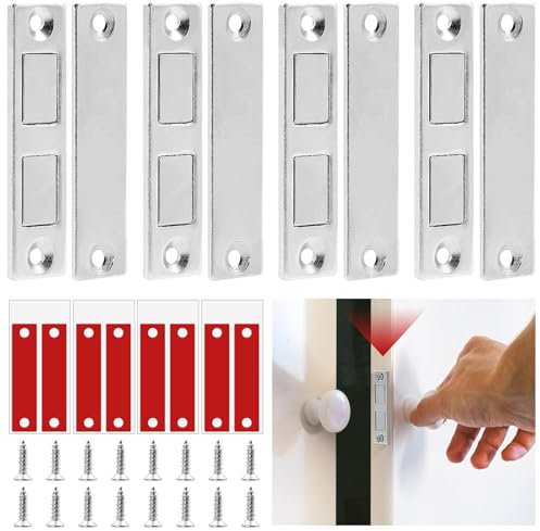 4 Pack Door Magnets, Ultra Thin Cupboard Magnetic Door Catches for Cabinet Door, Drawer Magnets Closure for Cabinet, Wardrobe & Furniture, Self-Adhesive Magnet Strips, Closet Drawer Door Closure