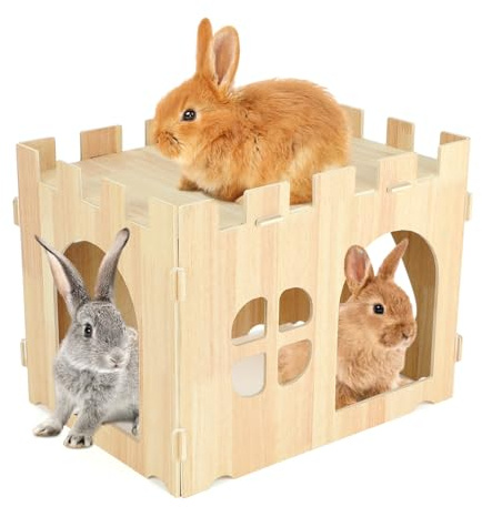 BWOGUE Large Wooden Rabbit House and Hideouts Bunny Castle Detachable Small Animal Play Hideaway Rabbit Hideout Cage Accessories for Indoor Adult Rabbit Guinea Pig Chinchilla Habitat