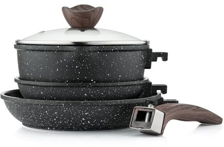 Kordisen Set di pentole e padelle antiaderenti con manico rimovibile, set di pentole da cucina con manico staccabile, set di pentole in pietra di granito non tossico per cucinare, pentole a induzione,