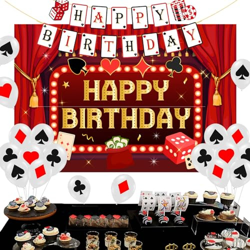Sursurprise Casino Geburtstagsdekorationen, Las Vegas Casino Night Happy Birthday Banner Hintergrund, Pokerballons, Casino Royale Poker Würfel Chips Geburtstag Party Supplies