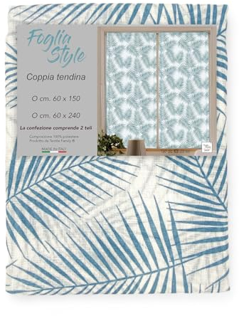 Tex family Coppia TENDINA a vetro FOGLIA STYLE BLU larga cm. 60 da Finestra e da Porta - COPPIA (2 TELI) CM. 60X240