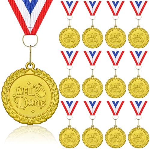 Well Done Medaillen, Goldmedaillen aus Metall, Sporttagsmedaillen mit Band, Halskette für Sporttagspreise, Turnwettbewerbe, Partygeschenke, Kinder und Erwachsene, 12 Stück