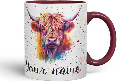 Vixar Taza personalizada con tu nombre de texto de vaca escocesa de las tierras altas, animales de granja, acuarela, arte de cerámica, taza de regalo, 330 ml, personalizable, trabajo, oficina, té,