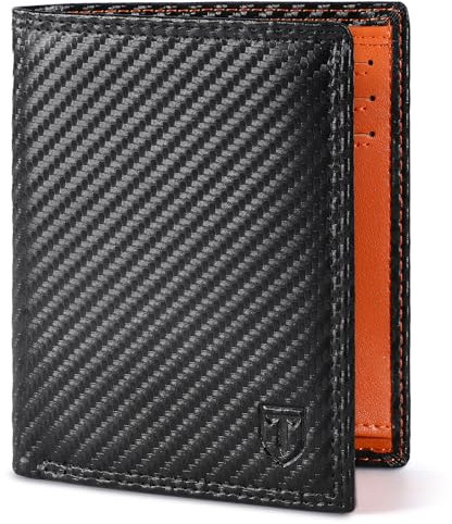 TENBST Portefeuille Homme, Porte Monnaie en Cuir avec Blocage RFID, 11 Porte Carte Crédit,Portefeuille pour Homme avec Poche à Monnaie, Carbone, Orange Noir