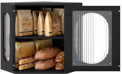 Alpeir Corner Bread Box, Solid Wood Double Layer Adjustable Large Capacity, Farmhouse Vintage Kitchen Countertop Organizer with Acrylic Window, Black