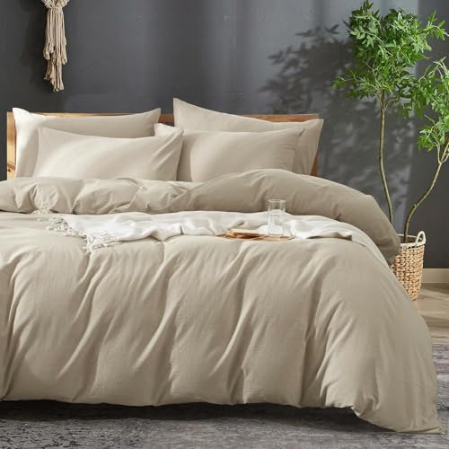 Luofanfei Baumwolle Leinen Bettwäsche 135x200 Beige Khaki Uni Einfarbig Muster Renforce Baumwolle Leinen Bettwäsche Set Atmungsaktiv Bettbezug Einzelbett und Kissenbezug 80x80 cm Weich und Bügelfrei