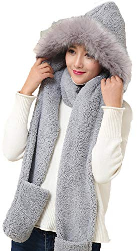 3-in-1 Damen Kapuzenschal mit Fäustlingen, Neckwarmer Hoodie Tasche,Winter Super Weichem Plüsch Volle Haube Warm Thermal Fleece Hüte mit Ohren, Tasche, Schal
