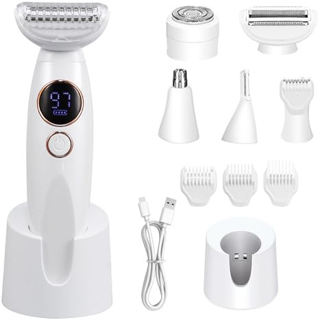 Afeitadora Eléctrica para Mujer, Afeitadora Mujer, 5 en 1 Afeitadora Electrica Mujer, Afeitadora Eléctrica en Seco y Húmedo Ipx7, Resistente Al Agua, Recortadora para Mujer, para Bikini, Axilas