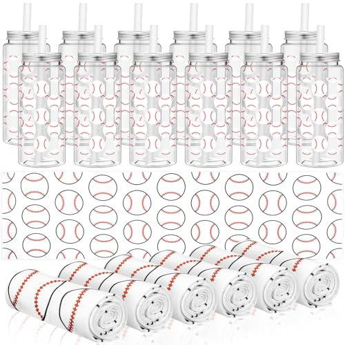 Skybooly 24 Pack Baseball Team Gifts Include 12 Baseball Cooling Towels 12 Plastic Tumbler 40x12 Breathable Chilly Towel 13.5oz Reusable Cups with Lid and Straw for Sports Party (White, Baseball)