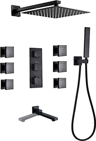 Regenduschsystem, schwarzes Thermostat-Duscharmatur-Set mit drehbarem Wannenauslauf, 6 Körper-Sprühdüsen, wandmontiertes Dusch-Kombi-Set, Messing-Regenmischbatterie mit Duschkopf, 16 Zoll