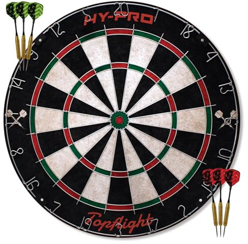 Hy-Pro Topflight Dartscheibe - Dartscheibe Set, 6X 18g Steeltip Dartpfeile, Klammerfrei Bulls Eye, Sisal, 6 Flights (3 Rot & 3 Grün), Indoor & Outdoor, Tolle Darts Geschenkidee