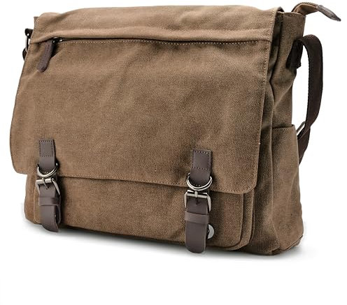 Trendhim Messenger Bag Herren | Canvas Umhängetasche mit Lederdetails & Laptopfach | Schultertasche für Alltag, Arbeit, Büro & Freizeit, 15 Zoll | Braun
