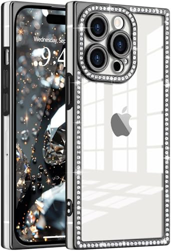 ROSEHUI Glitter Case for iPhone 15 Pro Max,Clear Rectangle Electroplated Sparkle Bumper with Bling Rhinestones Phone Case for Women,Sparkly Diamond Camera Protection Soft Slim TPU Cover-Black