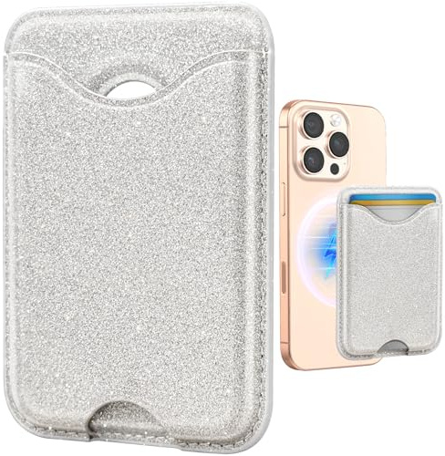 Shorogyt Compatible with Magsafe Wallet Magnetic Card Holder - Glitter Silver Phone Wallets for Women Teen Girls for iPhone 17/16/15/14/13/12 Series Slim for Apple Mag RFID Magnet, Fit 3 Cards