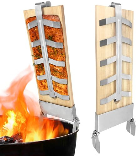 Suusolny 4er Set Flammlachsbrett Flammlachsbretter mit Edelstahl-Halterung Grillzubehör für Feuerschalen & Kugelgrill 5 Stufen Einstellbar Flammlachs Lachsbrett Lachsbretter Ideal als Räucherbrett