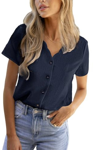 CUPSHE Women's Blouse Shirt Short Sleeve Scalloped V Neck Button Up Textured Casual Blouse Ladies Tops Summer Fashion 2025, Navy Blue, M