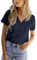 CUPSHE Women's Blouse Shirt Short Sleeve Scalloped V Neck Button Up Textured Casual Blouse Ladies Tops Summer Fashion 2025, Navy Blue, M