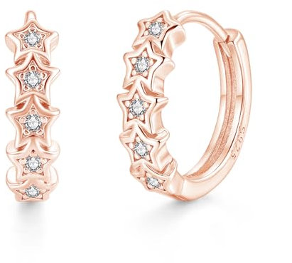 Kamise Hoop Earrings for Women, 925 Sterling Silver Star Hoop Earrings with Zirconia, Rose Gold Huggie Hoops for Women, 16mm Small Hypoallergenic Cartilage Sleeper Earring, Gifts for Ladies with Box