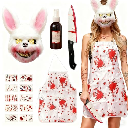 TFSZE Bloody Bunny Maske,Gruselige Halloween Maske für Erwachsene Kinder,Halloween Maske Horror Hasenmaske,Schürze geliefert Kunstblut,Machete, für Halloween Kostüm Karnevalsparty Cosplay Maskerade