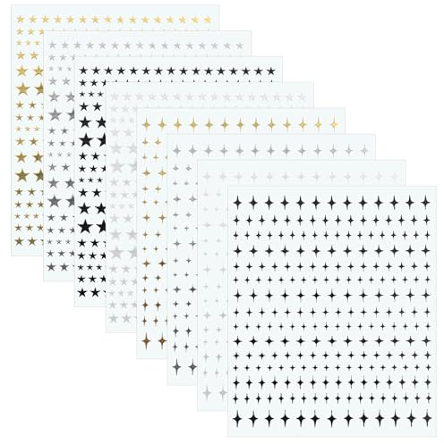 8 Blatt Nagelsticker Sterne, 3D Sternsticker für Nägel, Selbstklebende Gold Silber Schwarz Weiß Nagelkunst Sticker Sterne, Unregelmäßige Nageldekorationen für Frauen Maniküre DIY Dekoration