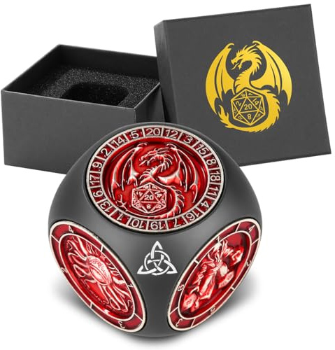 DND Fingerspitzen Spinner Würfel, Metallwürfel Set mit 3D Relief Muster, Polyedrische Rotierende Spielwürfel, D&D Geschenke mit Drachen Logo Geschenkbox, Rollenspiel Brettspiel Zubehör, Schwarz + Rot