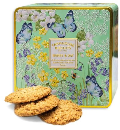 English Garden Honey & Oat Biscuits in Embossed Tin 250g – Crunchy Golden Oat Cookies with Rich Honey – Luxury Gift Tin for Christmas and Any Special Occasions – Vegetarian