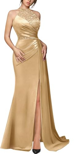 MIUSOL Women's Retro Sleeveless Halter Neck High Slit Evening Party Banquet Wedding Maxi Dress