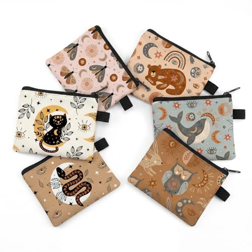 LEOEZYA 6 Pièces Porte Monnaie à Motifs d'animaux Mignons,Tissu Polyester Résistant,Ces Petite Pochette Peuvent Contenir des Divers Petits Objets,Accessoires de Mode pour Femmes,Filles et Enfants