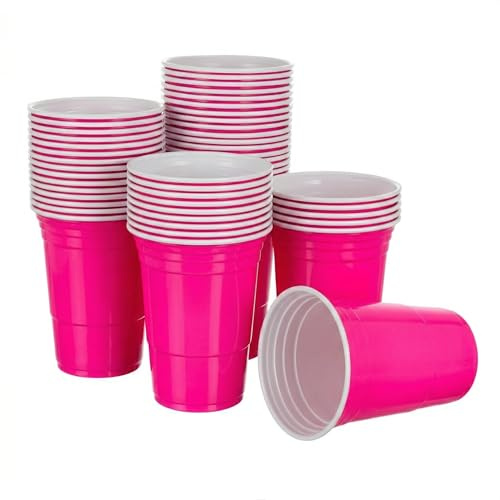 Komonee 24pc Neon Pink Cups 16oz 500ml Wide Rimmed Disposable American Superbowl Party Cups USA Adult Novelty Plastic Glass Pack Food Grade Lightweight Recyclable Bulk Stackable Cold Drinkware