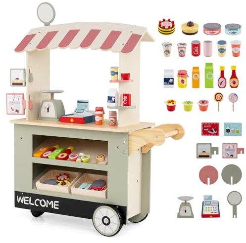 HOMASIS Kaufladen Kaufmannsladen Holz mit 30 Spielzubehör, Verkaufsstand Supermarkt-Set mit 3 Rädern, Lebensmittelwagen mit Kasse, POS & Waage, Verkaufswagen Rollspiel für Kinder ab 3 Jahren (Grün)